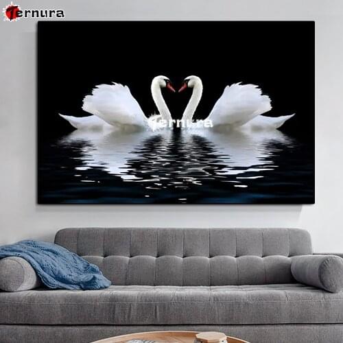 Needlework 5d Diy Diamond Painting Two Swans On The River Canvas Cross Stitch Diamond Embroidery Animals Mosaic home decor