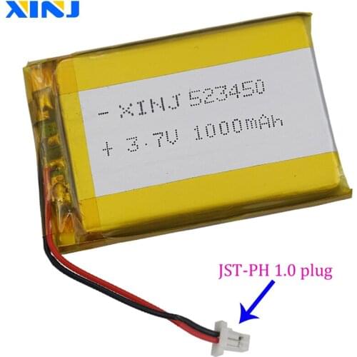XINJ 3.7V 1000mAh Polymer Rechargeabl Li Lithium Battery 523450 2pin JST-PH 1.0mm For GPS E-book PDA Car Camera Game Player DVD