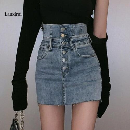 Sexy girl High Waist Cute Bodycon Black Denim Skirt Women Summer Button Up Korean Fashion Harajuku Blue Jeans Skirt
