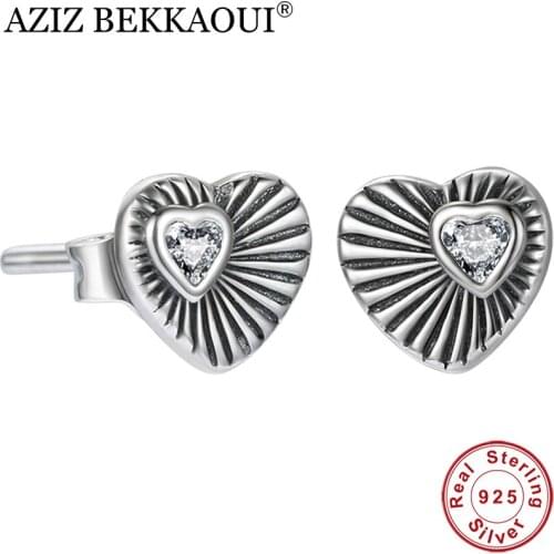AZIZ BEKKAOUI Vintage Authentic 925 Sterling Silver Double Heart Stud Earrings for Women Brincos Fine Jewelry Bijoux
