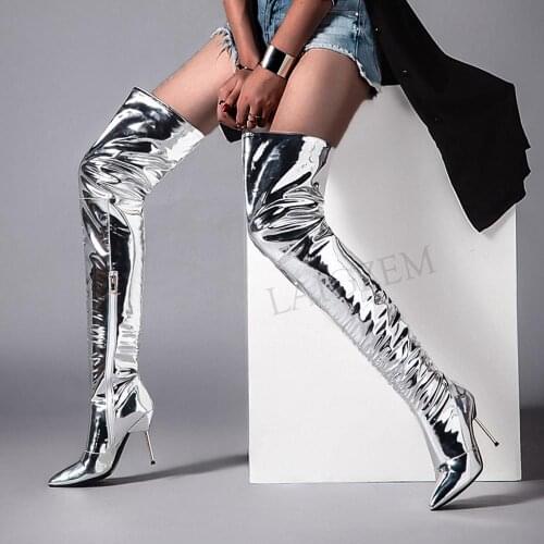 LAIGZEM Women Thigh High Boots Patent Silver Metal Heels Side Zip Pleated Over Knee Boots Party Club Shoes Woman Size 33 42 43