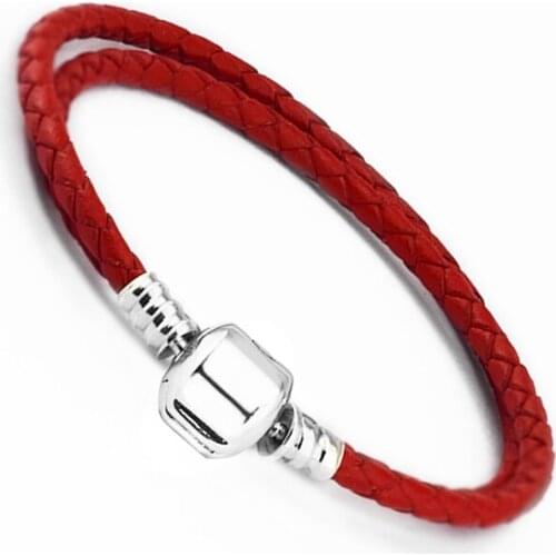 Dark Red Moments Double Woven Leather Bracelet Fits Original sterling silver Charms & Beads For Woman DIY Jewelry Making