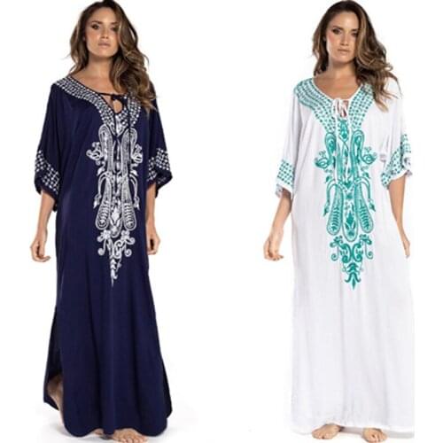 Bohemian Vintage Print Loose Lace-up V-neck Cotton Thailand Dresses Summer Female Elegant Split Women Beach Cover-Ups for Party