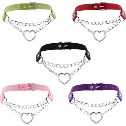 1 Pcs Punk Gothic Leather Collar Choker Metal Chain Harajuku Adjustable Heart Necklace Womens Fashion Jewelry Gifts Accessories