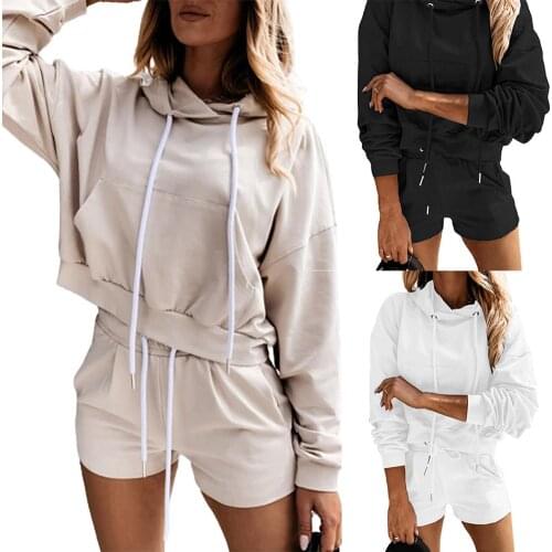 2020 Women Long Sleeve Hoodie Sweatshirt Shorts Minipants Solid Color Sports Outfit Women clothing толстовка женская