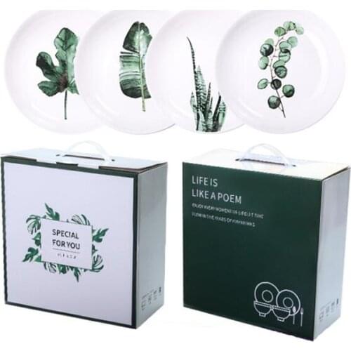 8 inch Green Plants Plate Gift Box Suit Round Ceramic Plate Porcelain Dishes Dessert Dish Fruit Cake Tray Food Dinnerware 1Set
