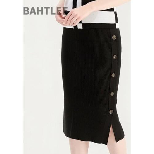 BAHTLEE At All Seasons Women Wool Straight Skirt Knee-Length Knitted Aesthetic Empire Waist High Elasticity Button Decoration
