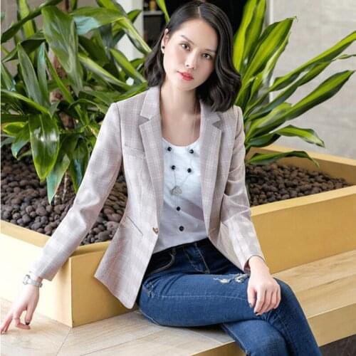 Blazers Women Spring Autumn V-neck One Button Retro Plaid Suit Jacket Female Long-sleeved British Blazer Womens 2020 New A1009
