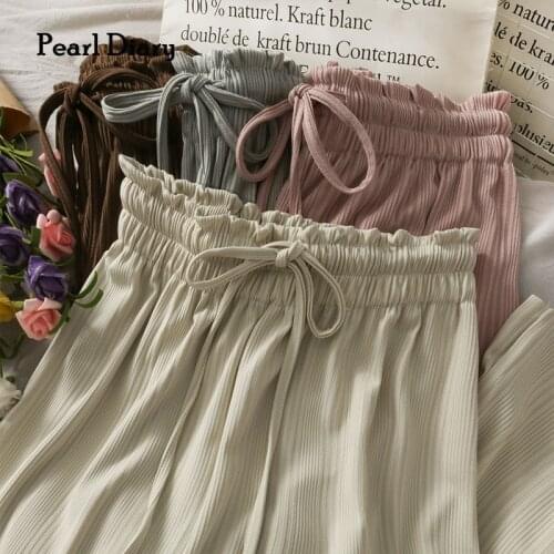 Pearl Diary Women Loose Pants Summer Elasticated Waist Bow Tie Cord Wide Leg Pant Solid Color Casual Rib Long Pant