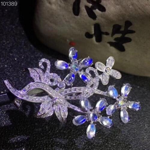 Flower Blue Moonstone brooch Free shipping Natural real Blue Moonstone 925 sterling silver brooch