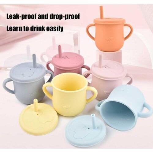 Food-grade Childrens Straw Cups With Handle Silicone Straw Fall-proof Water Cup Baby Binaural Silicone Drinking Bottle For Home