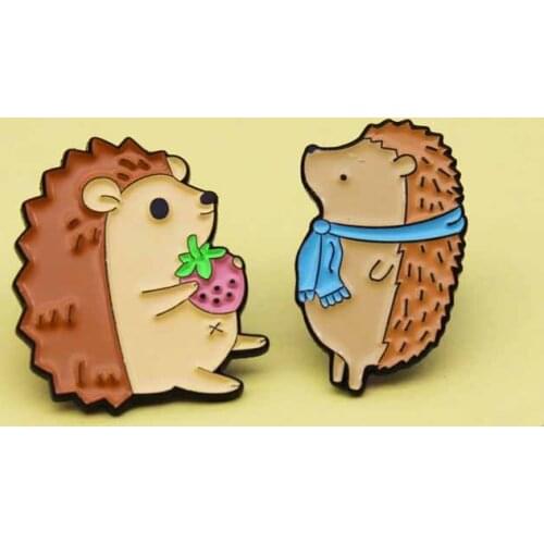 Sweet Cartoon Animal Hedgehog Enamel Brooch Strawberry Scarf Couple Pins Alloy Badge Clothes Bag Accessories Woman Jewelry Gift