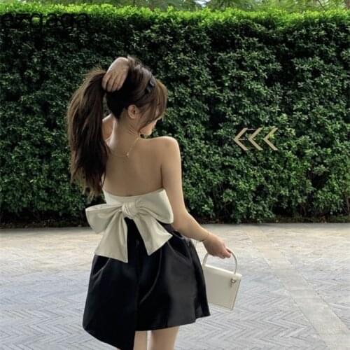 Ezgaga Party Sexy Bow Bandage Backless Two Piece Set Women High Waist Skirts Contrast Sleeveless Tube Tops Elegant Female Korean