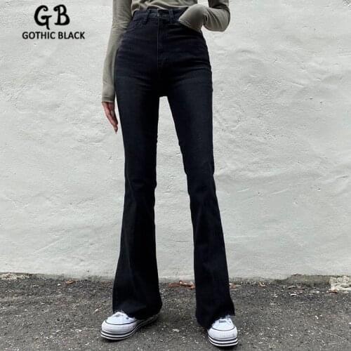 Gothblack Streetwear High Waist Solid Slim Flare Pants Women Casual Dark Splice Button Bodycon Jeans Winter Fashion New Trousers