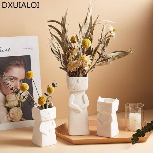 Personality Creative White Ceramic Vase Cat Model Living Room Decoration Decorative Flower Pot Decorative Vase DXUIALOI