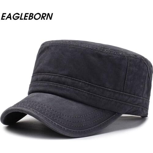 2021 Hat Men Military Cap Solid Color Washed Worn Flat Cap 100% Cotton Black Gray Cap Military Hat Men Women Fashion Hat Wash