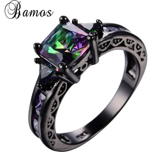 Bamos New Fashion Mystery & Rainbow Ring Retro Black Gold Filled Wedding Bands Square AAA Zircon Multicolor Birthstone Rings