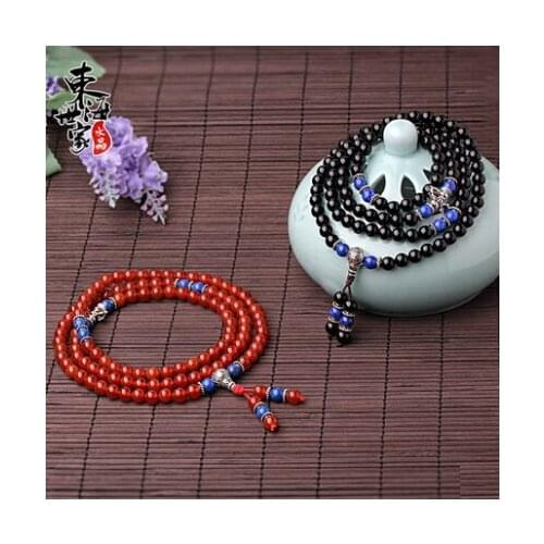 Red Black 108 Agate Sterling Silver Buddha Beads Hand Chains femme Friendship Gemstones for Women Pulseira masculina Men Jewelry