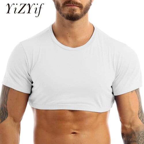 Summer Mens Super Short T-shirt Gym Coat Sport Bottom Solid Color Basic Pullover Crop Tops T-Shirt Blouses Sexy Stage Costume