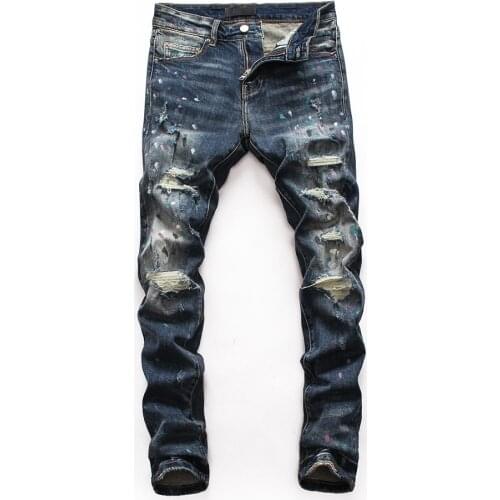 European Style mens dsq Stretch jeans Men straight denim trousers jeans Slim Paint printing blue hole zipper jeans for men 8132