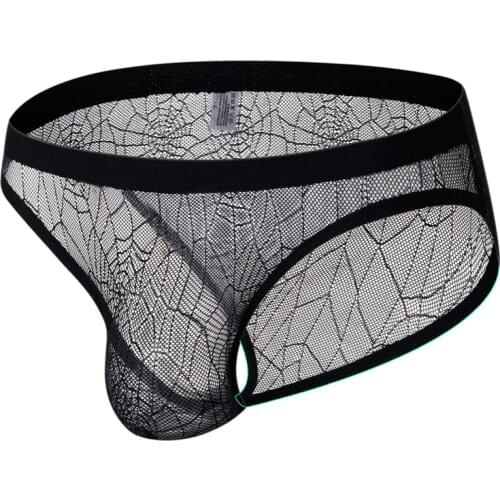 Mens Sexy Underwear Low Waist Ultra-thin Briefs Transparent Breathable Spider Mesh Mens U Convex Bag Sexy Briefs Underpants