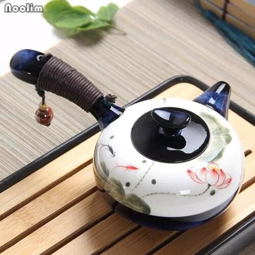 NOOLIM Yixing Ceramic Tea Pot Portable Travel Celadon Side Wood Handle Teapot Vintage Hand Painted Lotus Kung Fu Kettle