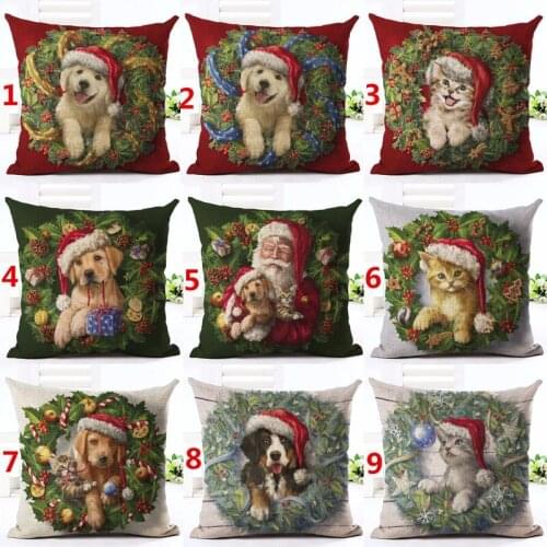 New Merry Christmas Cushion Cover Happy New Year Dog Red Hat Pillow Cover Cute Animals Home Sofa Decorative Throw Pillows