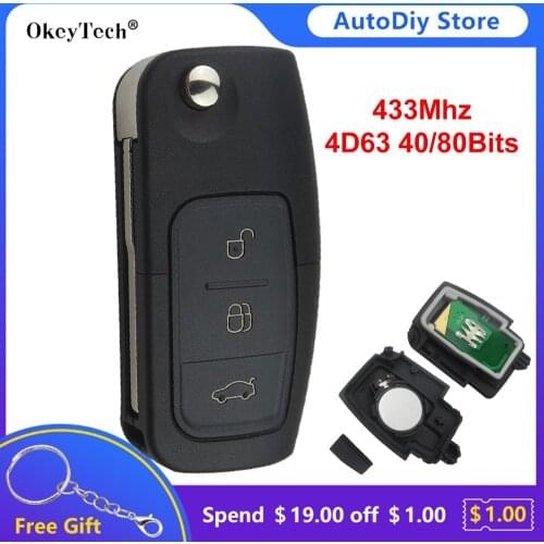 Okeytech 3 Buttons 433Mhz 4D63 Chip Flip Remote Control Car Key For Ford Focus Fusion Focus Mondeo Fiesta Galaxy HU101 Blade