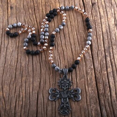 RH Fashion Boho Jewelry Natural Stones And Glass With Metai Flower Bird Cross Pendant Necklaces Women Bohemia Necklace Dropship