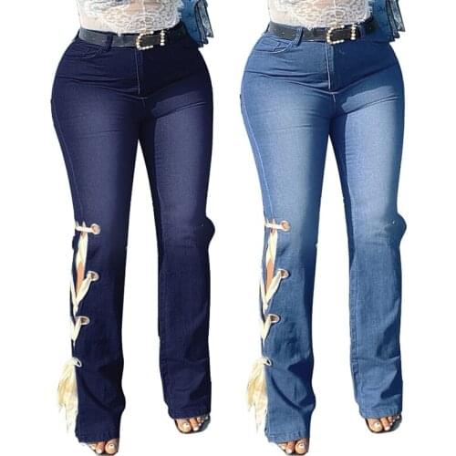 Plus Size High Waist Bandage Jeans Side Lace Up Ribbon Denim Trousers Women Ladies Fashion Elastic Skinny Wide Legs Pants
