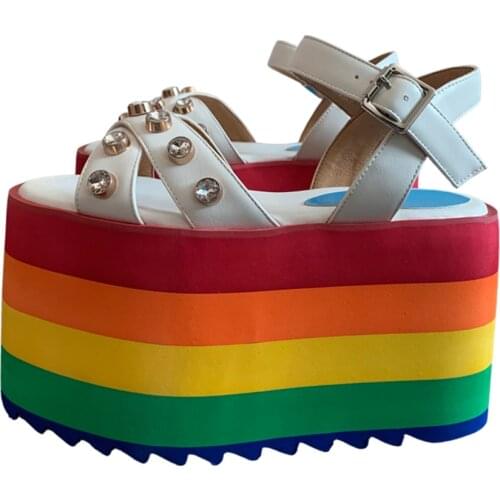 Summer Thick Rainbow Platform Sandals Women Rhinestone Studs White Leather Colorful Sole Female Ankle Strap Peep Toe Sandalias