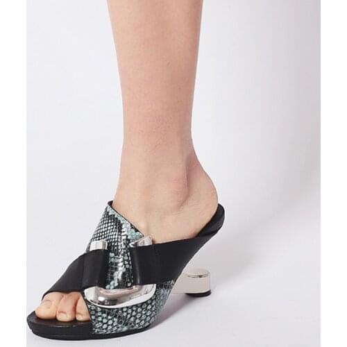 Snake pattern 8cm strange heel slipper peep toe gentlewomen street fashion Korean girls cozy slip on sandals HL336 MUYISEXI