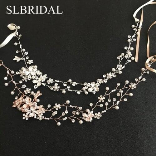 SLBRIDAL Rose Gold Crystal Rhinestone Pearls Wedding Hair accessories Hair Vine Hairband Bridal Headband Bridesmaids Jewelry