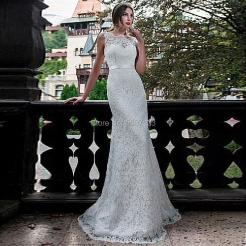 Mermaid Wedding Dresses Vestido De Noiva O Neck Sleeveless Backless Lace Appliques Floor Length Bridal Gown with Court Train