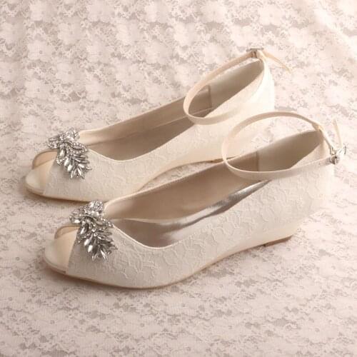 Lace Ivory Wedge Shoes for Wedding Peep Toe Ankle Strap Ladies Court Shoes