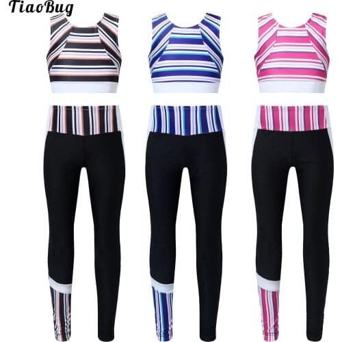 TiaoBug Summer 2Pcs Kid Girls Sport Suit Wide Shoulder Straps Sleeveless Racer Back Stripes Running Yoga Sport Vest Top Leggings