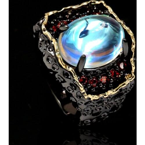 Unique Round Cut Moonstone 925 Silver Ring Women Vintage Black Gold Color CZ Stone Collection Ring Bohemia Gothic Jewelry