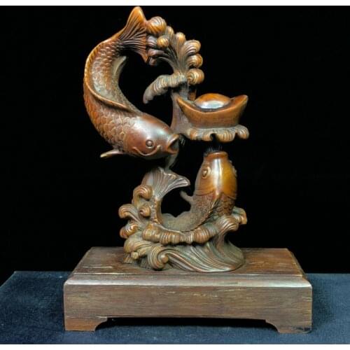 Japanese Netsuke Old Boxwood Collectible Double Fish Spit Fortune Vintage Statue