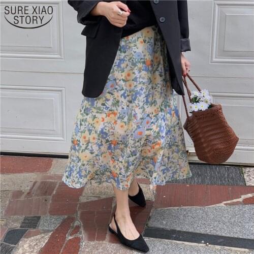 Midi Length Elastic Skirt Female 2021 Summer Skirts Vintage Printed Floral Skirt Woman High Waist A-line Skirts with Lining 9945