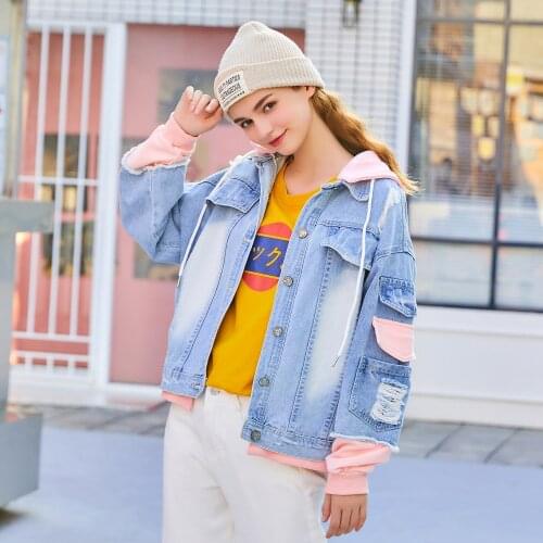 One piece Denim Jacket For Women BF Hooded Hoodies Pachwork Coats Korean Loose Fashion Outerear Female Fall Overcoats Jacket