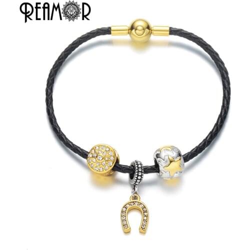 REAMOR Stainless Steel Gold Lucky Horseshoe Charms Bracelet Women Genuine Leather Braided Bracelet Bangles DIY Original Jewelry