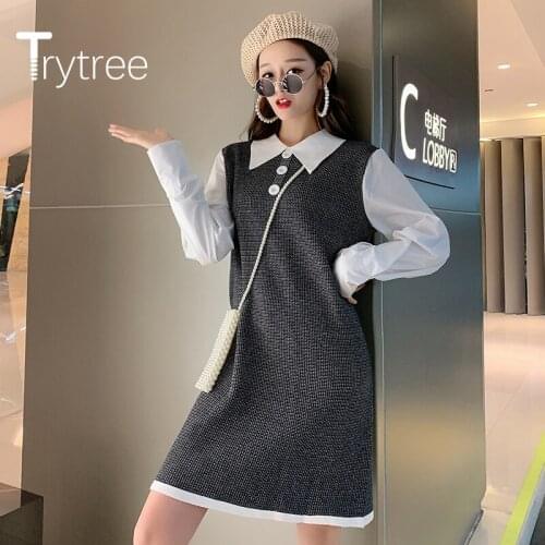 Trytree 2020 Spring Winter Woman Casual Dress urn-down Collar Button Vintage Fashion A-line Patchwork Elegant knitting Dress