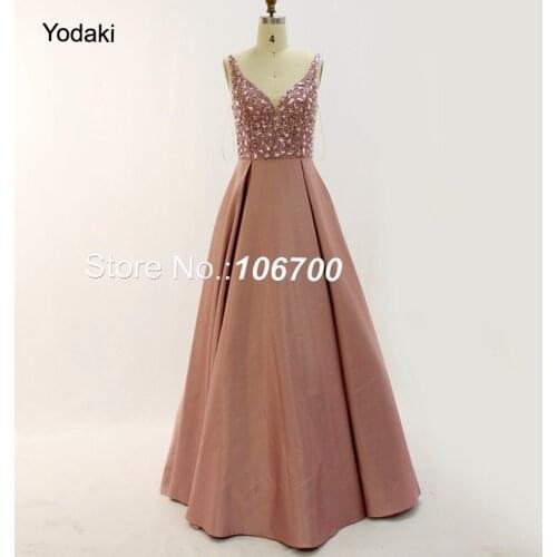 New Arrival Deep V Pink Crystal Beaded Prom Dresses Sexy Ball Gowns Backless Pleat Ruched Long Robe De Soiree 2018