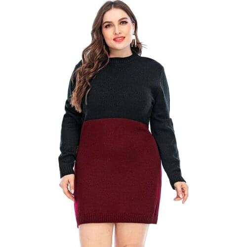 2020 autumn and winter new European and American plus size womens contrast color pullover sweater Slim mid-length sweater dress