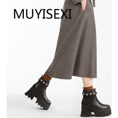 8.5cm thick high heel korean style genuine leather solid round toe pearl decoration waterproof stretch ankle boot HL327 MUYISEXI