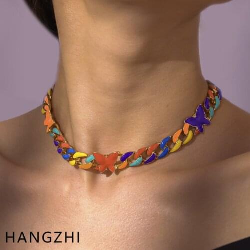 HANGZHI INES New Punk Butterfly Rainbow Color Drip Glaze Metal Chain Clavicle Choker Necklace for Women Girls Party Jewelry 2021