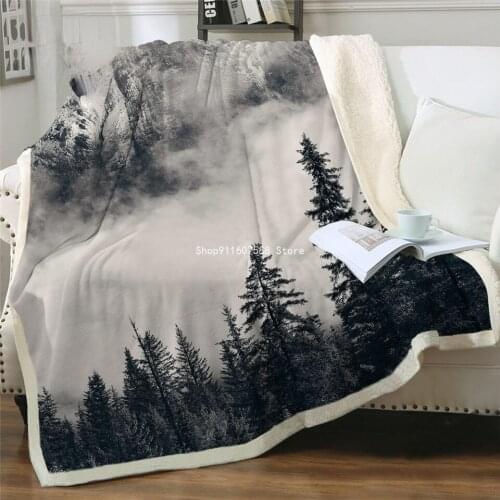 Art Forest Throw Blanket 3d Foggy Mountain Sherpa Blanket for Bed Coniferous Tree Soft Plush Bedspreads Nature Thin Quilt