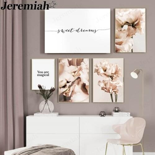 Nordic Flower Canvas Painting Pink Plant Letter Poster Picture Print Wall Art Modern Study Room Home Decoration Gift