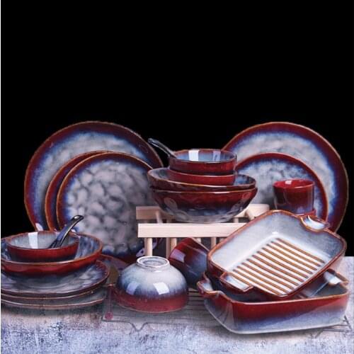 Creative Ceramic Tableware Set Kiln Turned Red European Salad Bowl Hotel Dishes Set Household