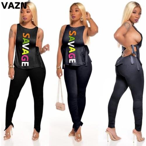 VAZN 2020 Casual Office Letter Two Piece Set Summer Beach 2 Piece Set Women O-neck Sleeveless Full Pant Summer Sets